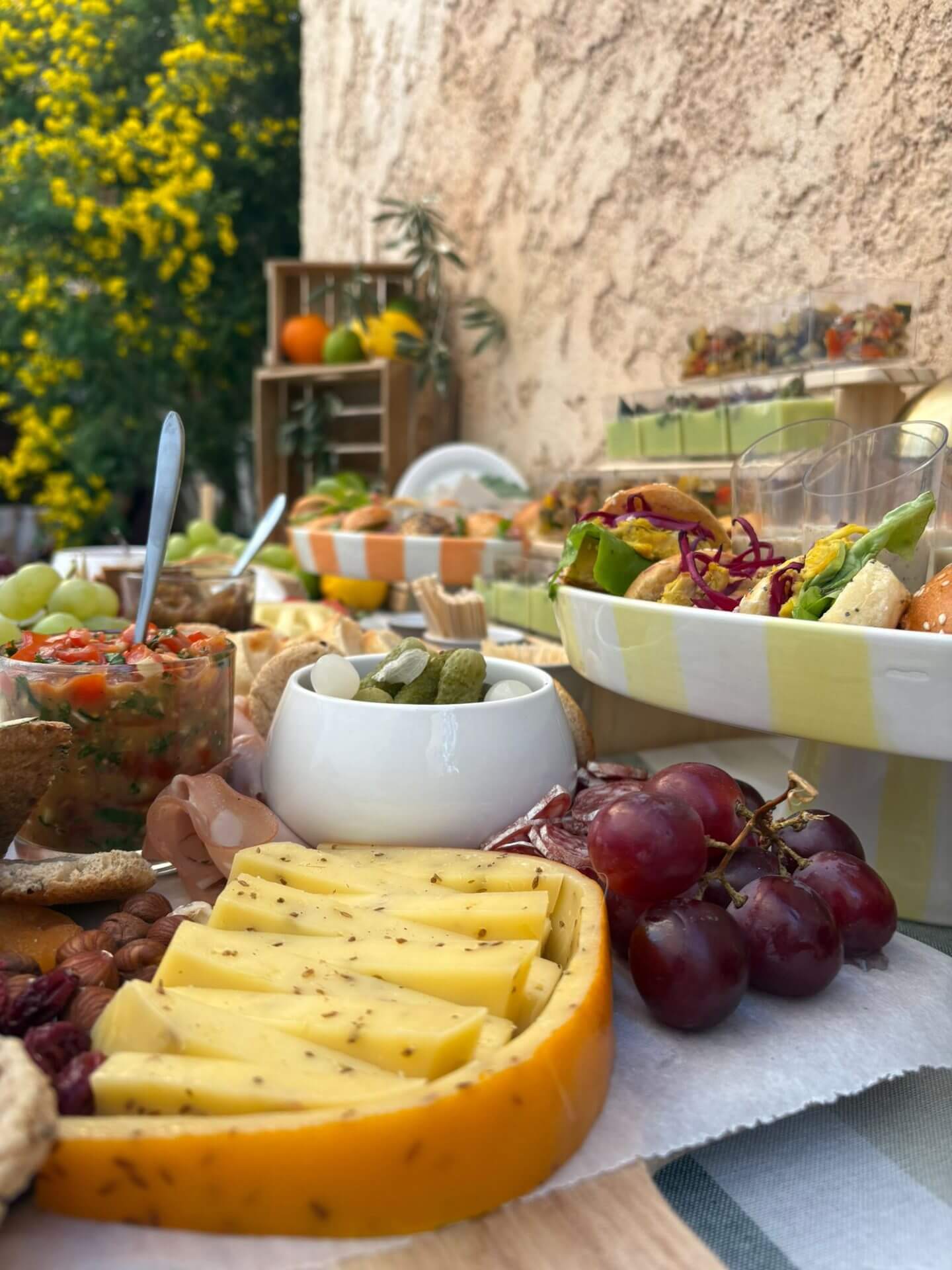 Buffet champêtre avec fromages, fruits et saladiers