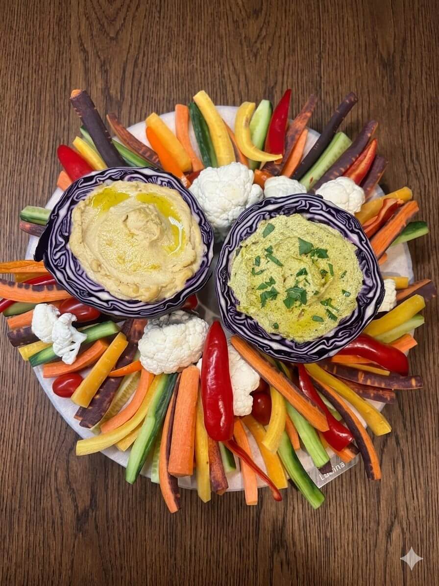 Couronne de crudités colorées et houmous en apéritif