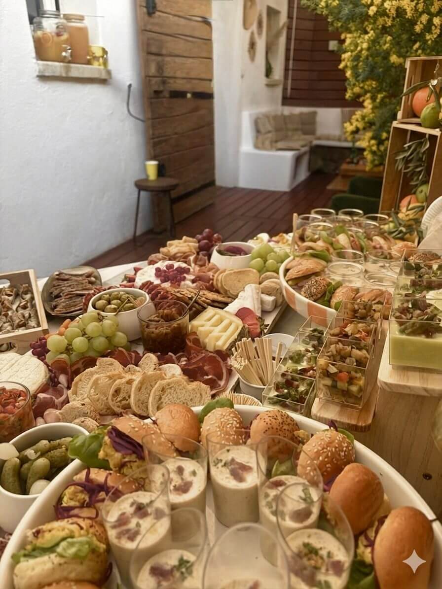 Grand buffet événementiel avec mini-burgers, verrines et veloutés