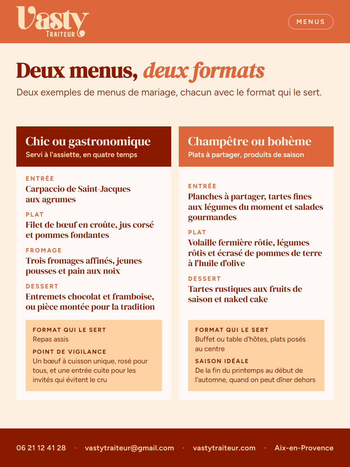 Deux exemples de menus de mariage : un menu chic servi à l'assiette et un menu champêtre en buffet ou table d'hôtes