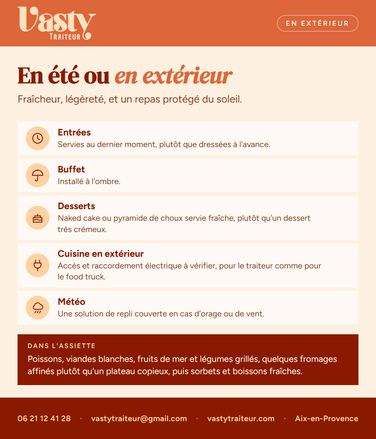 Réflexes pour un repas de mariage en été ou en extérieur : entrées au dernier moment, buffet à l'ombre, desserts qui tiennent, électricité et solution de repli